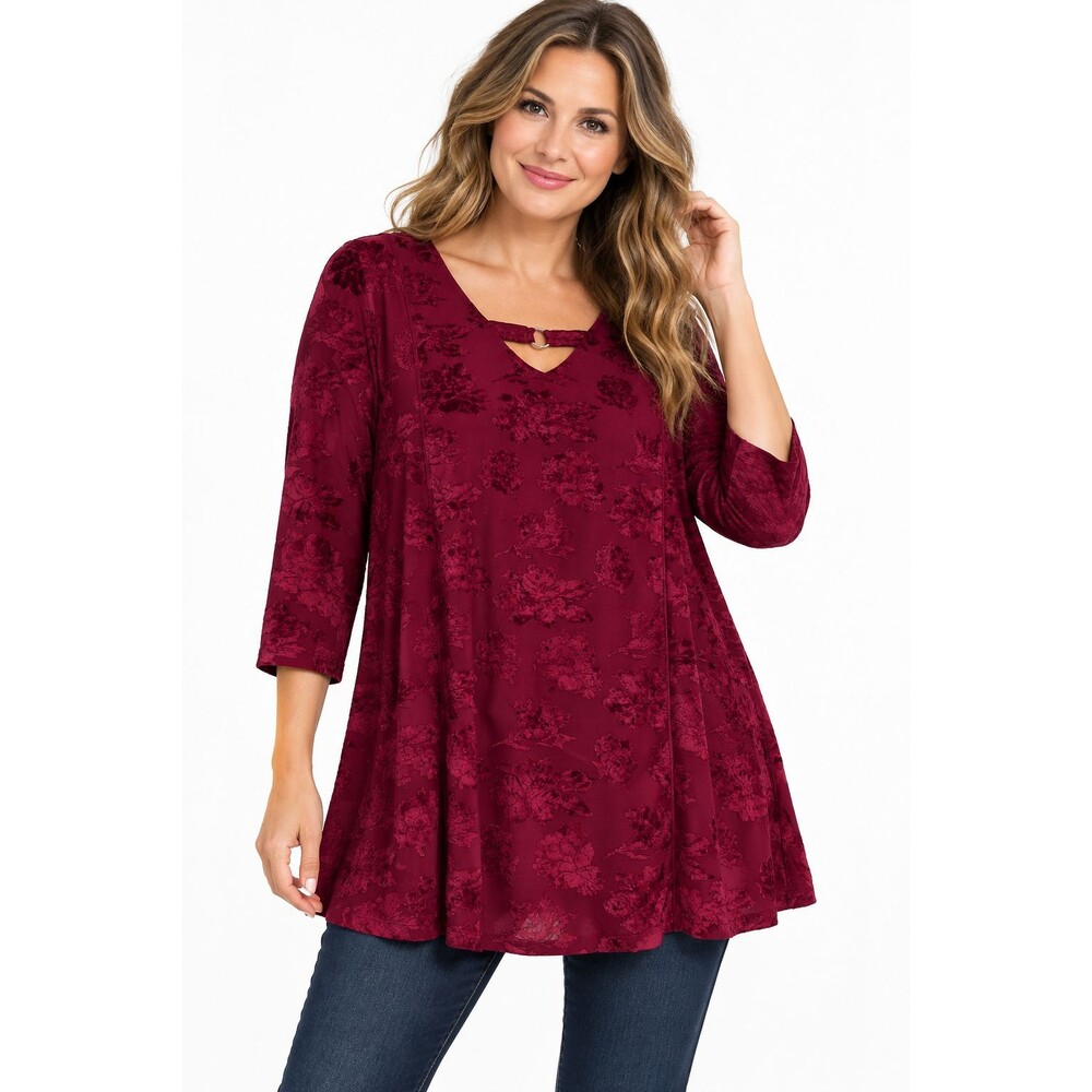 Catherines Velvet Burnout Top Size 2x Red Keyhole Cutout Floral Print Holidays